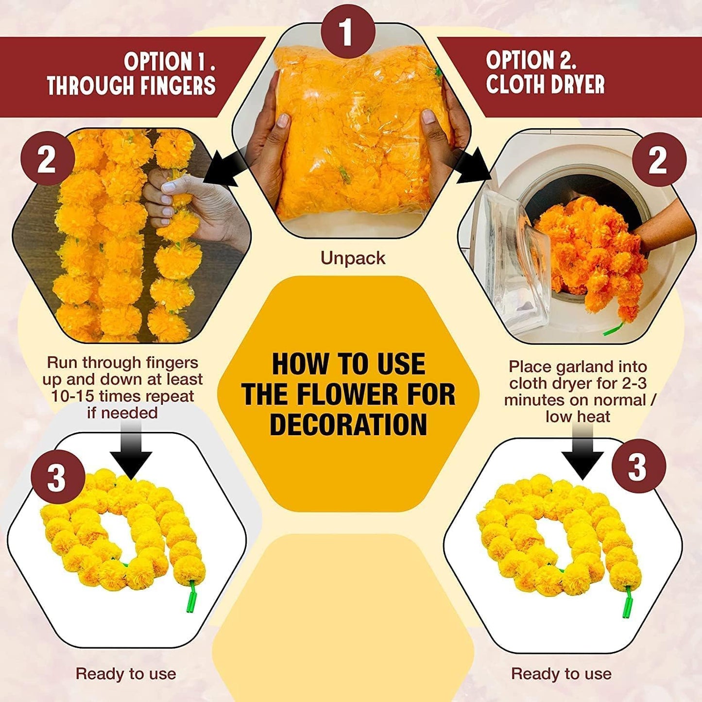 Aavana Greens Artificial Marigold Flower Garlands– 50 Inches Marigold Strings for Diwali, Pooja, Wedding, Festival, Housewarming, Mandir, Wall, Door, Home Decor - Yellow & Dark Orange