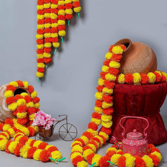 Aavana Greens Artificial Marigold Flower Garlands– 50 Inches Marigold Strings for Diwali, Pooja, Wedding, Festival, Housewarming, Mandir, Wall, Door, Home Decor - Yellow & Dark Orange