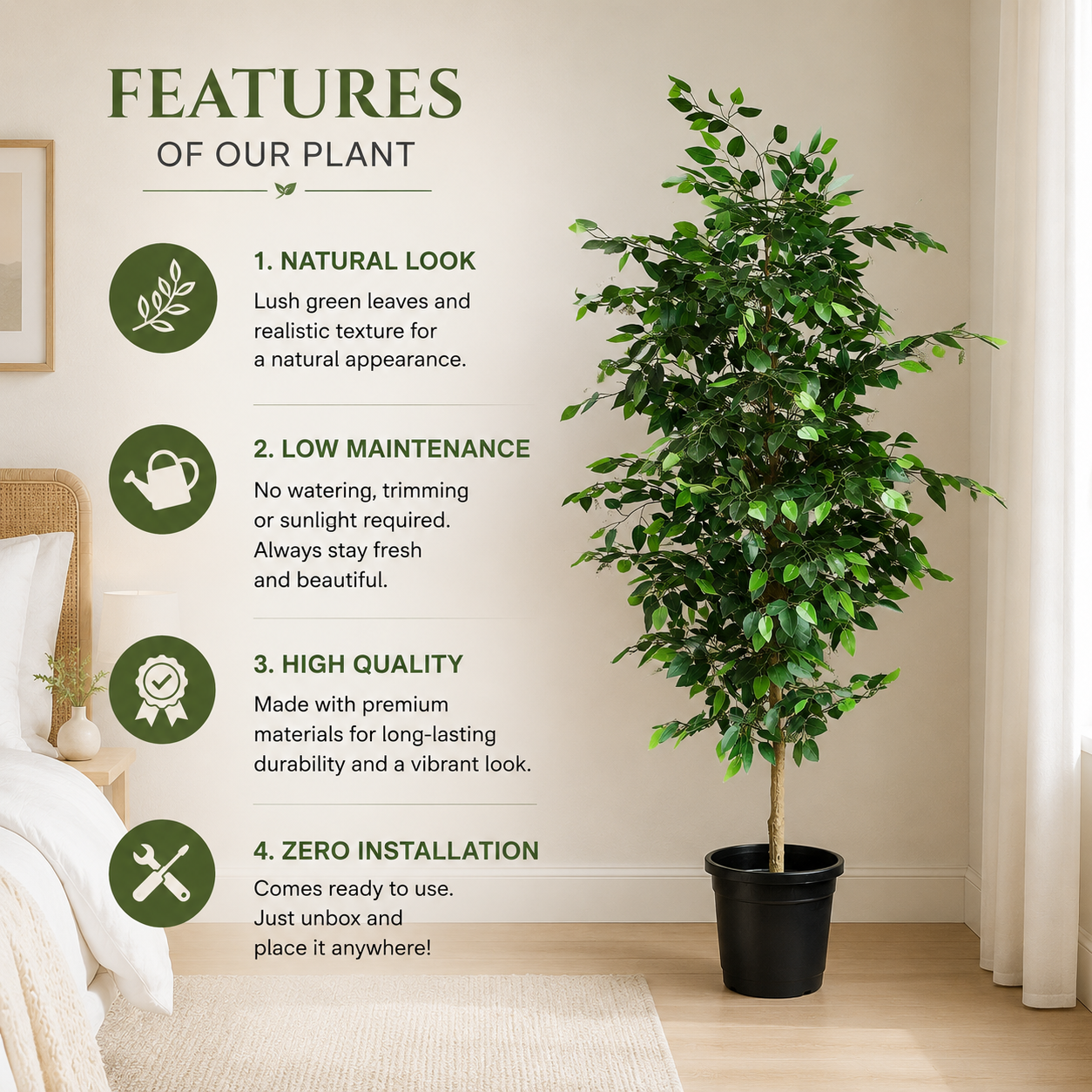 Aavana Greens 6.3 Feet (189 CM) Evergreen Leaf Artificial Ficus Plant Pack of 1 without Pot