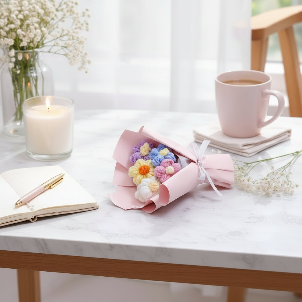 Aavana Greens Artificial Crochet Flower Bouquet with Gift Carry Bag, Handmade Knitted Flowers with Pink Wrapping and Ribbon, Home Decor Gift (Pink)