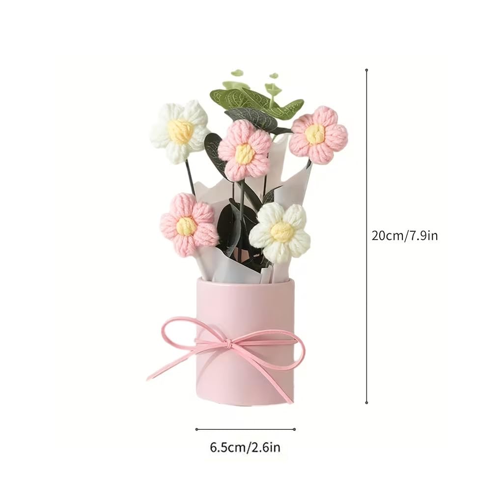 Aavana Greens Artificial Crochet Flowers Bouquet with Pink Pot, Handmade Flower Arrangement with Ribbon & Gift Carry Bag, Cute Handcrafted Yarn Flowers for Home Decor, Table Decoration Gift