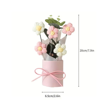 Aavana Greens Artificial Crochet Flowers Bouquet with Pink Pot, Handmade Flower Arrangement with Ribbon & Gift Carry Bag, Cute Handcrafted Yarn Flowers for Home Decor, Table Decoration Gift