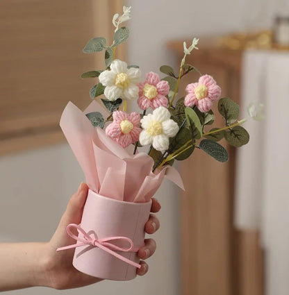 Aavana Greens Artificial Crochet Flowers Bouquet with Pink Pot, Handmade Flower Arrangement with Ribbon & Gift Carry Bag, Cute Handcrafted Yarn Flowers for Home Decor, Table Decoration Gift