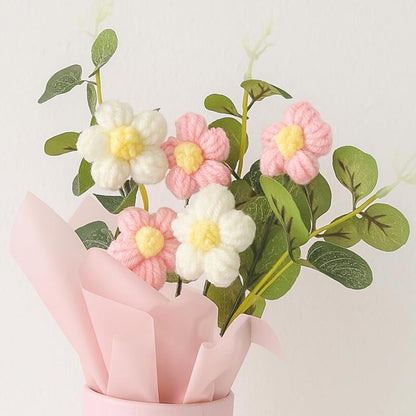 Aavana Greens Artificial Crochet Flowers Bouquet with Pink Pot, Handmade Flower Arrangement with Ribbon & Gift Carry Bag, Cute Handcrafted Yarn Flowers for Home Decor, Table Decoration Gift