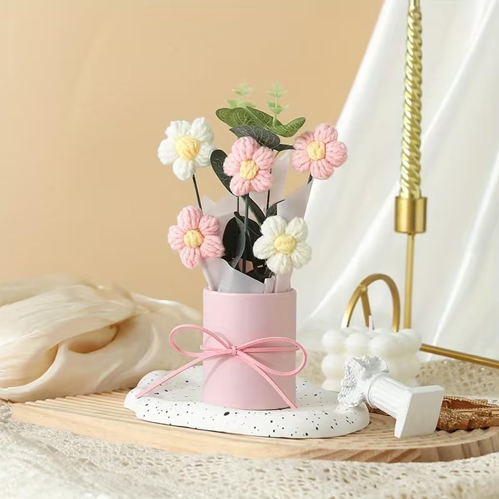Aavana Greens Artificial Crochet Flowers Bouquet with Pink Pot, Handmade Flower Arrangement with Ribbon & Gift Carry Bag, Cute Handcrafted Yarn Flowers for Home Decor, Table Decoration Gift
