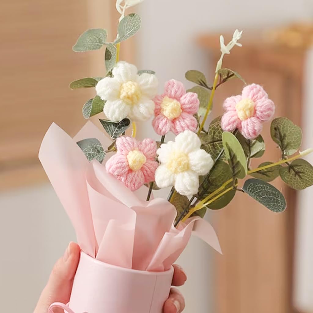 Aavana Greens Artificial Crochet Flowers Bouquet with Pink Pot, Handmade Flower Arrangement with Ribbon & Gift Carry Bag, Cute Handcrafted Yarn Flowers for Home Decor, Table Decoration Gift