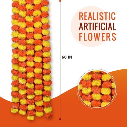 Aavana Greens Artificial Marigold Flower Garlands– 50 Inches Marigold Strings for Diwali, Pooja, Wedding, Festival, Housewarming, Mandir, Wall, Door, Home Decor - Yellow & Dark Orange
