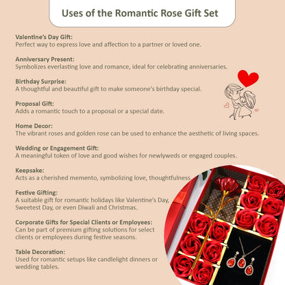 Aavana Greens Metal Red Rose Gift Set for Valentine Day, 1 Red Rose with 12 Soap Flowers, Necklace and Earrings, Valentine Week Love Gift Box