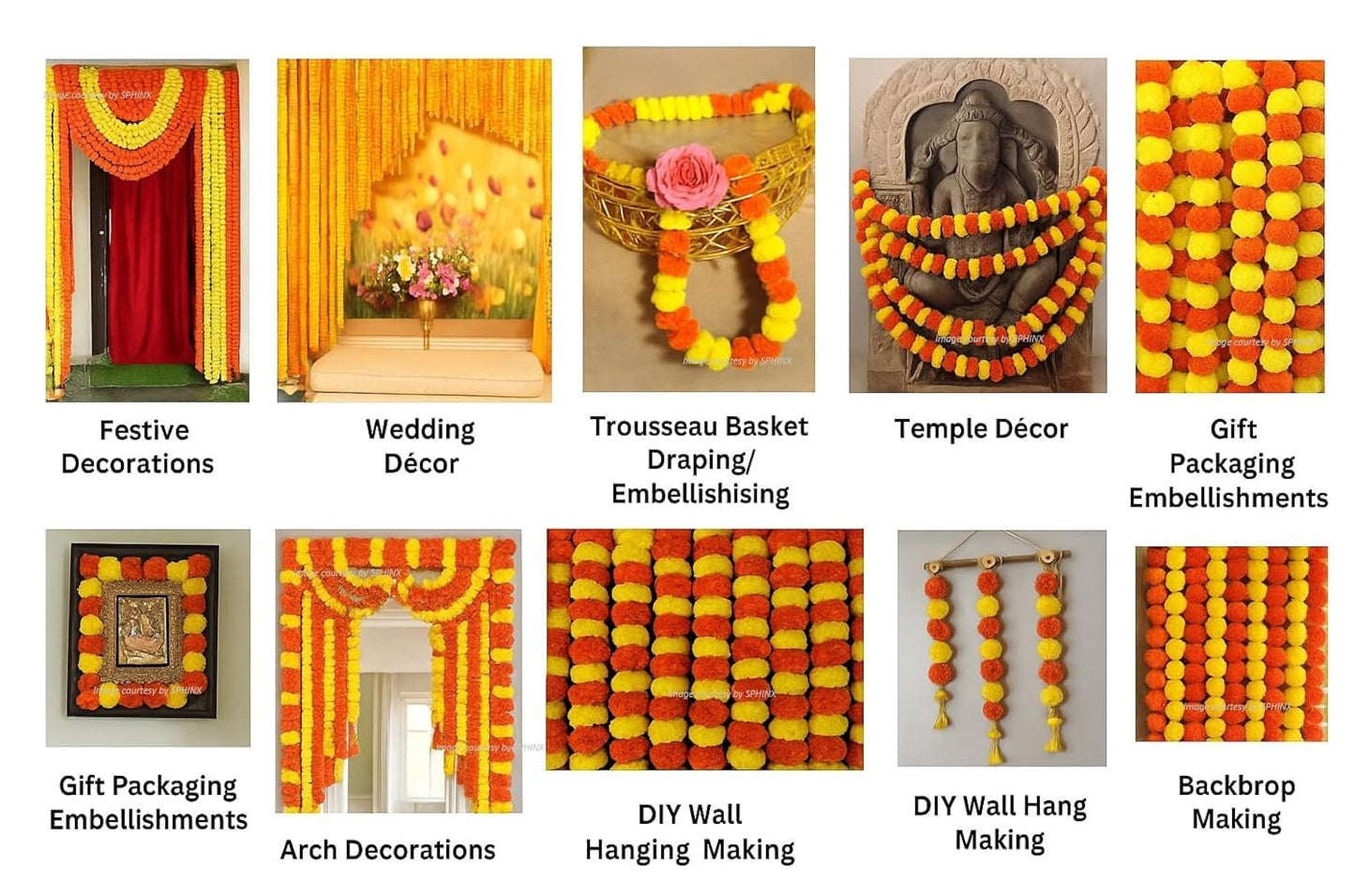 Aavana Greens Artificial Marigold Flower Garlands– 50 Inches Marigold Strings for Diwali, Pooja, Wedding, Festival, Housewarming, Mandir, Wall, Door, Home Decor - Yellow & Dark Orange