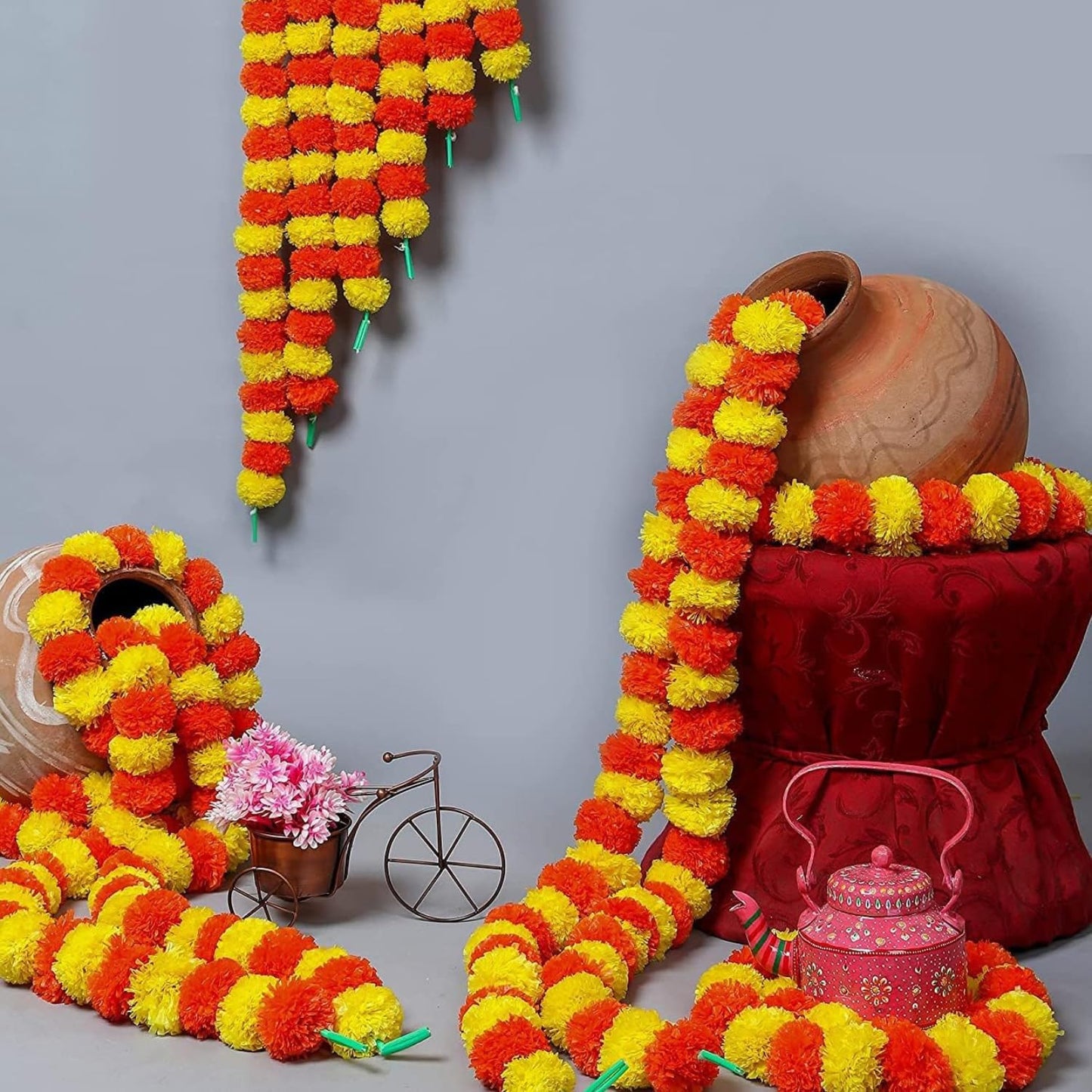Aavana Greens Artificial Marigold Flower Garlands– 50 Inches Marigold Strings for Diwali, Pooja, Wedding, Festival, Housewarming, Mandir, Wall, Door, Home Decor - Yellow & Dark Orange