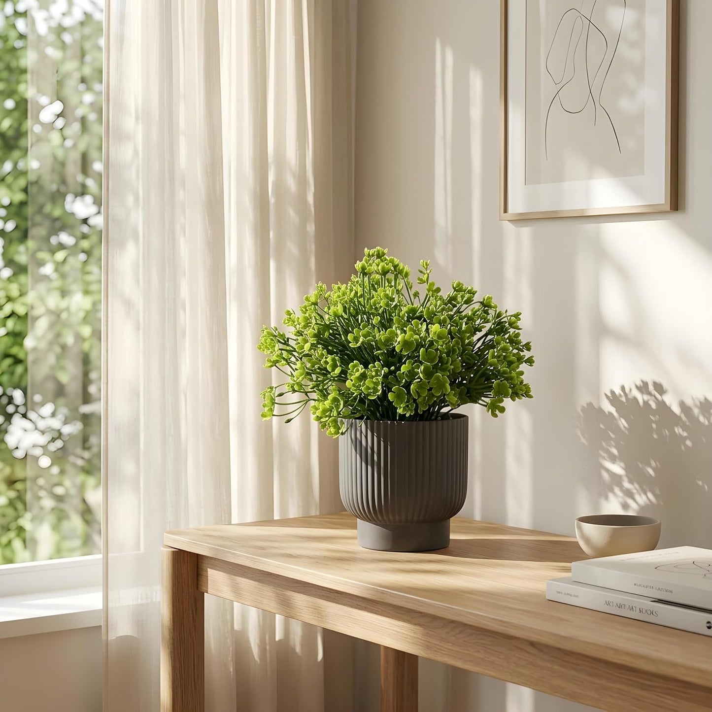 Artificial Plant with Pot, 25cm Green Bonsai wih Plastic Pot, Table-Top Decor for Home, Office Desk, Bedroom, Balcony