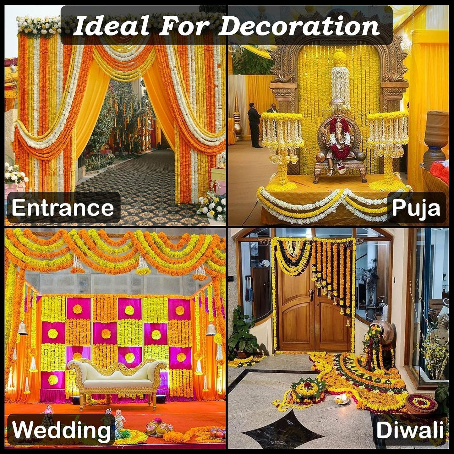 Aavana Greens Artificial Marigold Flower Garlands– 50 Inches Marigold Strings for Diwali, Pooja, Wedding, Festival, Housewarming, Mandir, Wall, Door, Home Decor - Yellow & Dark Orange