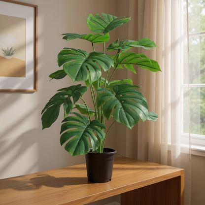 Aavana Greens (70 CM) Artificial Monstera Plants Rubber Faux Turtle Leaf Fake Tropical Large Palm Tree Indoor & Outdoor Decorations | 18 Leaves Plants | with Blackpot