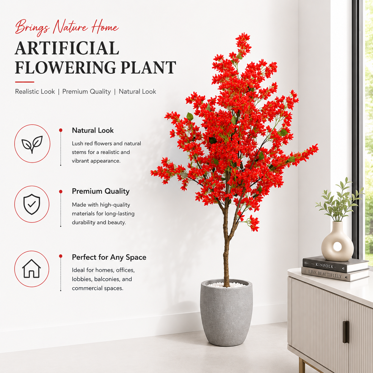 Aavana Greens 7 Feet (213 CM) Tall Red Bougainvillea Artificial Plant, Pack of 1 without Pot