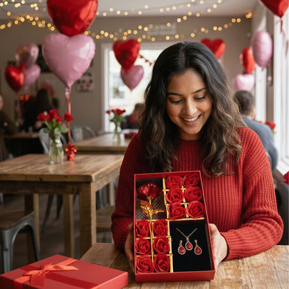 Aavana Greens Metal Red Rose Gift Set for Valentine Day, 1 Red Rose with 12 Soap Flowers, Necklace and Earrings, Valentine Week Love Gift Box
