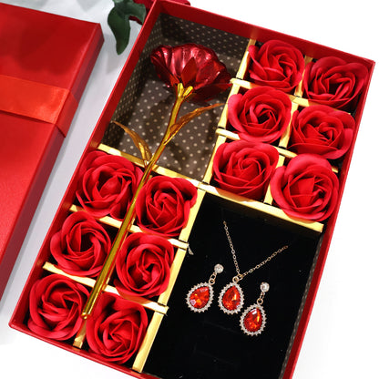Aavana Greens Metal Red Rose Gift Set for Valentine Day, 1 Red Rose with 12 Soap Flowers, Necklace and Earrings, Valentine Week Love Gift Box
