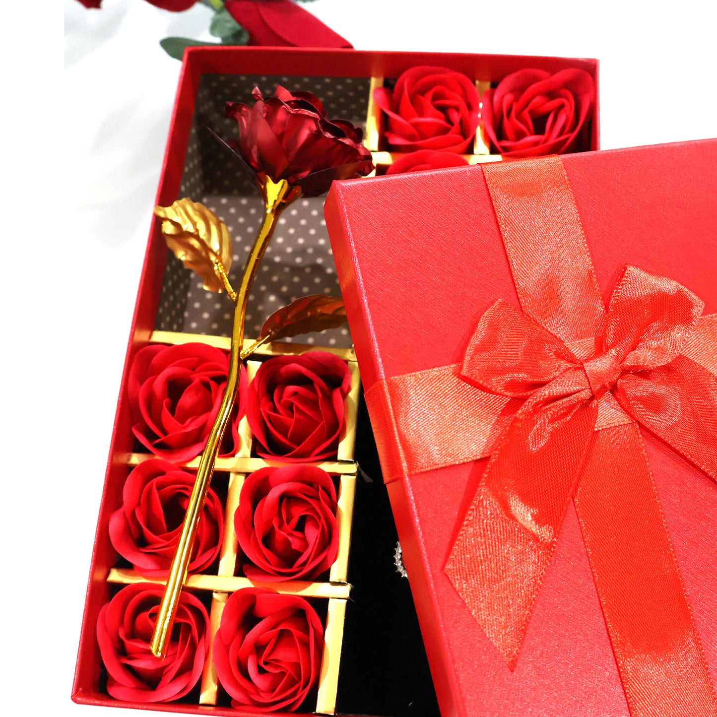 Aavana Greens Metal Red Rose Gift Set for Valentine Day, 1 Red Rose with 12 Soap Flowers, Necklace and Earrings, Valentine Week Love Gift Box
