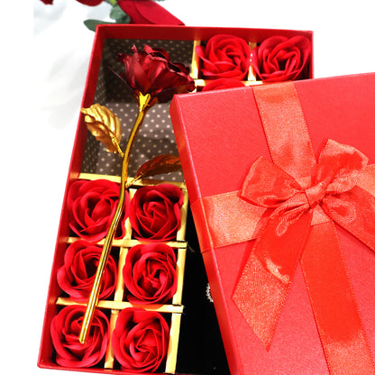 Aavana Greens Metal Red Rose Gift Set for Valentine Day, 1 Red Rose with 12 Soap Flowers, Necklace and Earrings, Valentine Week Love Gift Box