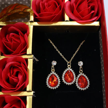 Aavana Greens Metal Red Rose Gift Set for Valentine Day, 1 Red Rose with 12 Soap Flowers, Necklace and Earrings, Valentine Week Love Gift Box