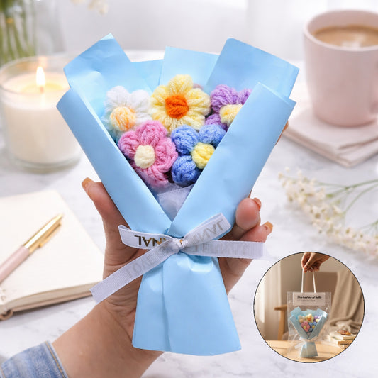 Aavana Greens Artificial Crochet Flower Bouquet with Gift Carry Bag, Handmade Knitted Flowers with Pink Wrapping and Ribbon, Home Decor Gift (Blue)