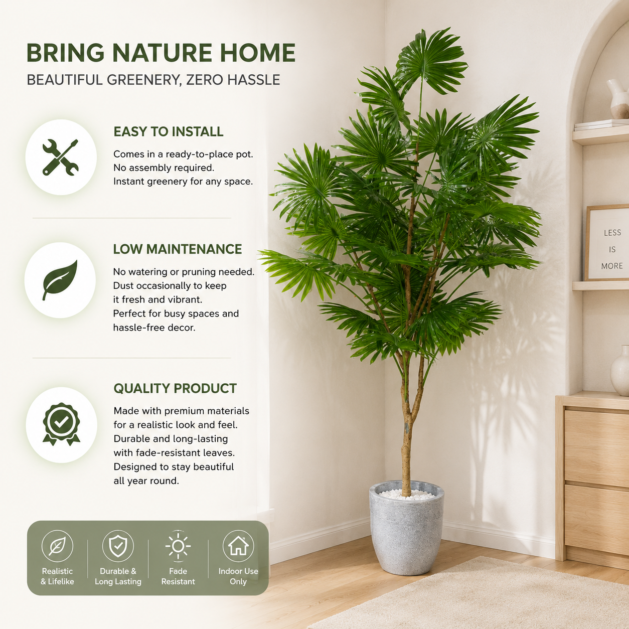 Aavana Greens 6.5 Feet (195 CM) Artificial Fan Palm Tree Without Pot For Home Decor, Pack of 1
