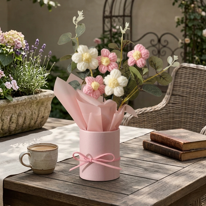 Aavana Greens Artificial Crochet Flowers Bouquet with Pink Pot, Handmade Flower Arrangement with Ribbon & Gift Carry Bag, Cute Handcrafted Yarn Flowers for Home Decor, Table Decoration Gift
