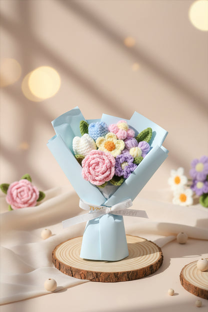 Aavana Greens Artificial Crochet Flower Bouquet with Gift Carry Bag, Handmade Knitted Flowers with Pink Wrapping and Ribbon, Home Decor Gift (Blue)