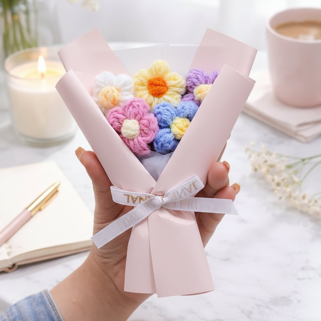 Aavana Greens Artificial Crochet Flower Bouquet with Gift Carry Bag, Handmade Knitted Flowers with Pink Wrapping and Ribbon, Home Decor Gift (Pink)