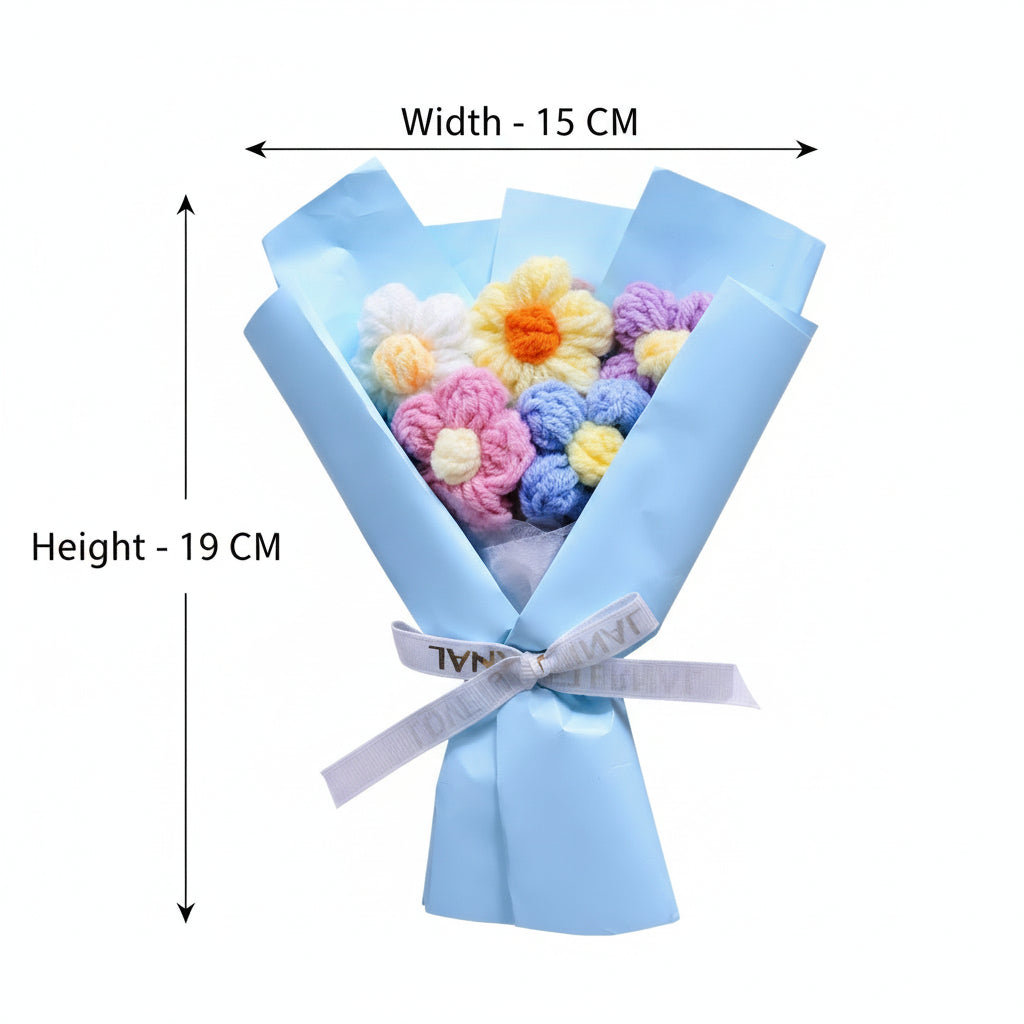 Aavana Greens Artificial Crochet Flower Bouquet with Gift Carry Bag, Handmade Knitted Flowers with Pink Wrapping and Ribbon, Home Decor Gift (Blue)