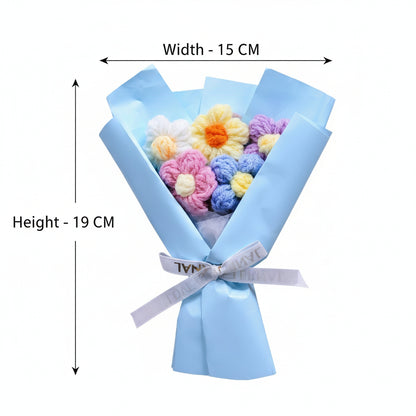 Aavana Greens Artificial Crochet Flower Bouquet with Gift Carry Bag, Handmade Knitted Flowers with Pink Wrapping and Ribbon, Home Decor Gift (Blue)