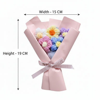 Aavana Greens Artificial Crochet Flower Bouquet with Gift Carry Bag, Handmade Knitted Flowers with Pink Wrapping and Ribbon, Home Decor Gift (Pink)