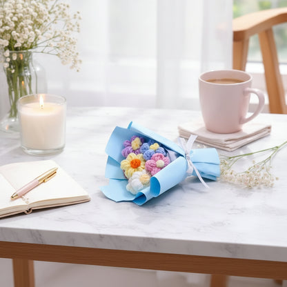 Aavana Greens Artificial Crochet Flower Bouquet with Gift Carry Bag, Handmade Knitted Flowers with Pink Wrapping and Ribbon, Home Decor Gift (Blue)