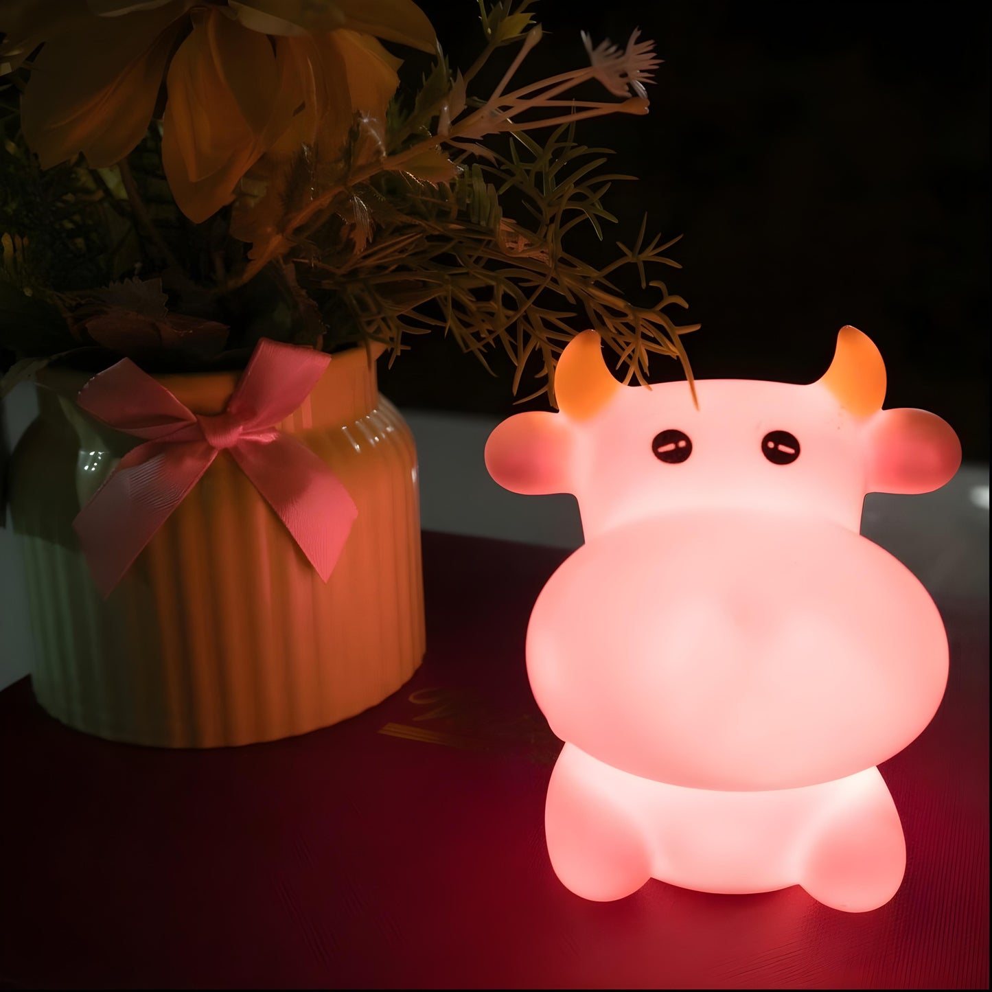 Aavana Greens Cow-Shaped Night Light Lamp for Kids, Battery Operated LED, Cute Bedroom Light for Baby & Toddler, Eye-Caring Gift for Girls & Boys (Pink)