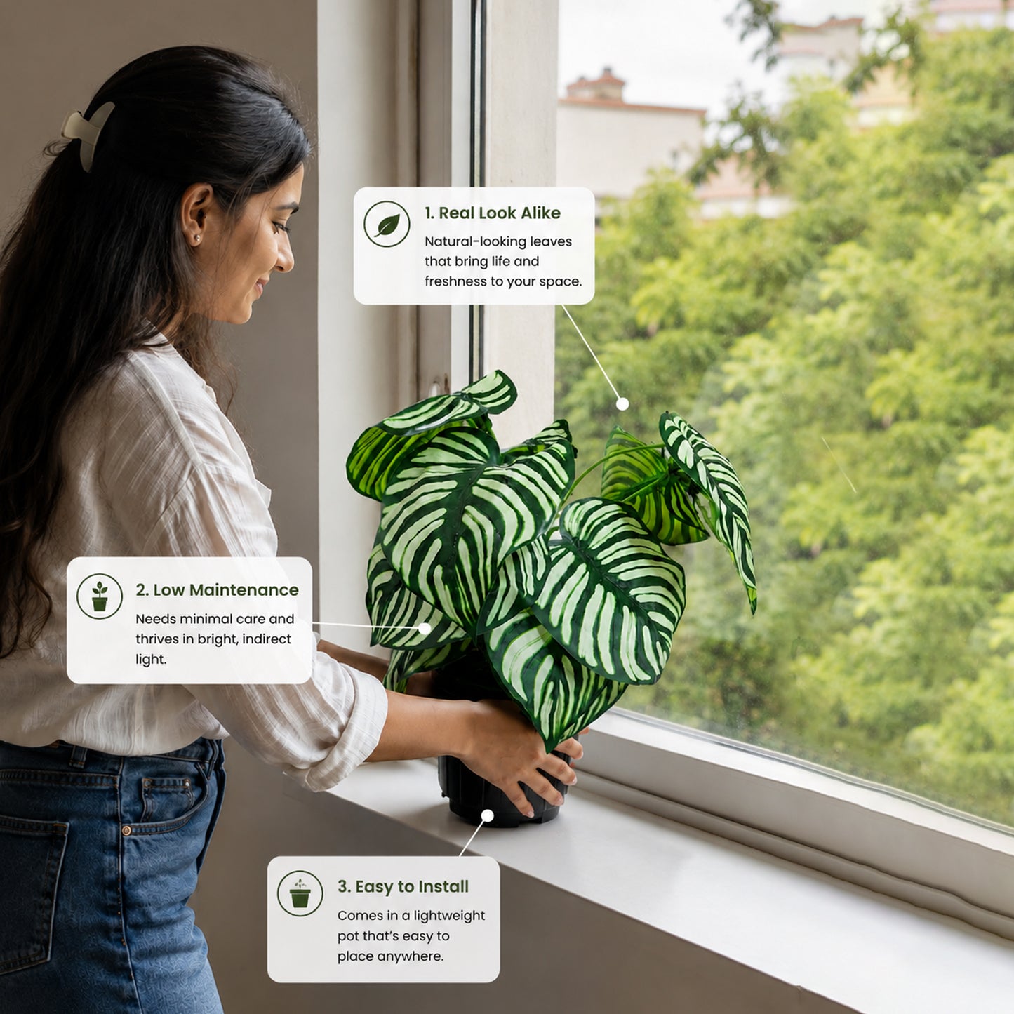 Aavana Greens (45 CM) Artificial Calathea White Fusion Plant