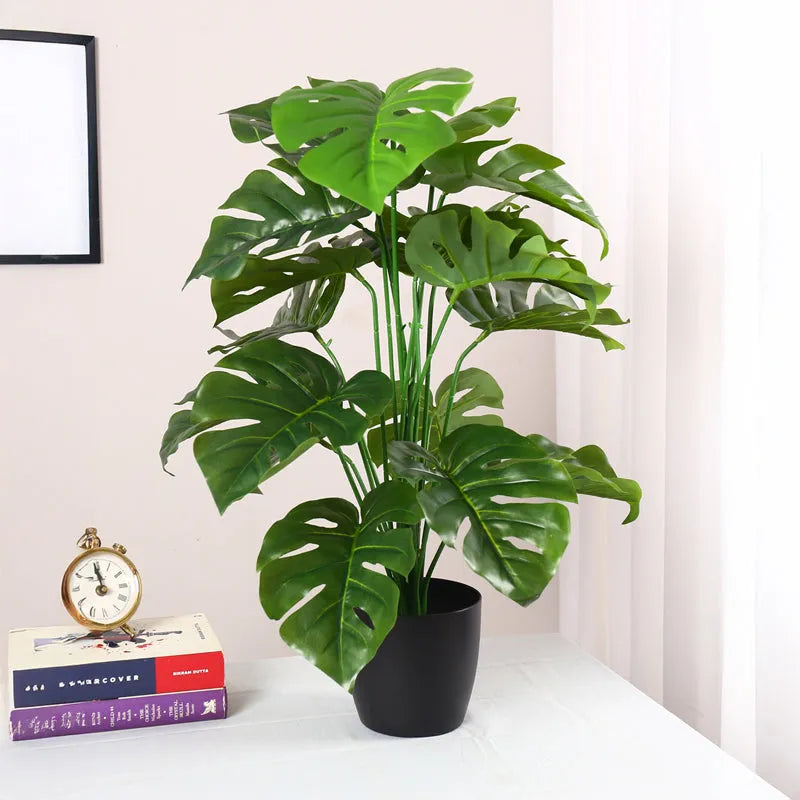 Aavana Greens (70 CM) Artificial Monstera Plants Rubber Faux Turtle Leaf Fake Tropical Large Palm Tree Indoor & Outdoor Decorations | 18 Leaves Plants | with Blackpot