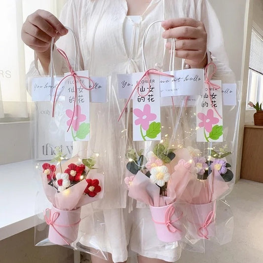 Aavana Greens Artificial Crochet Flowers Bouquet with Pink Pot, Handmade Flower Arrangement with Ribbon & Gift Carry Bag, Cute Handcrafted Yarn Flowers for Home Decor, Table Decoration Gift